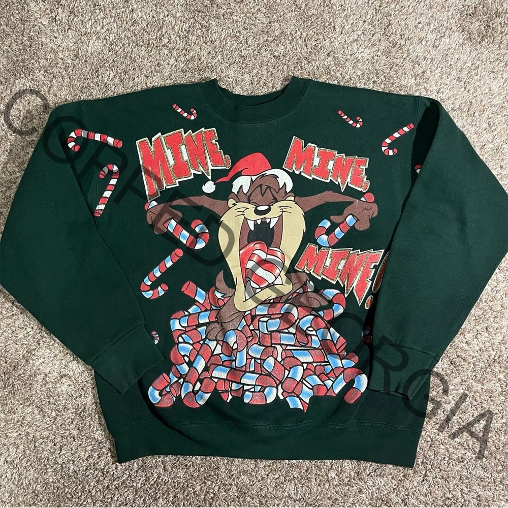 Vintage Deadstock 90’s Disney Taz “Mine Mine Mine” Candycane Crewneck - Picture 2 of 6